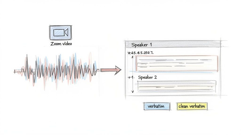 A diagram illustrating the process of transcribing a Zoom video into speaker-separated text with verbatim options.