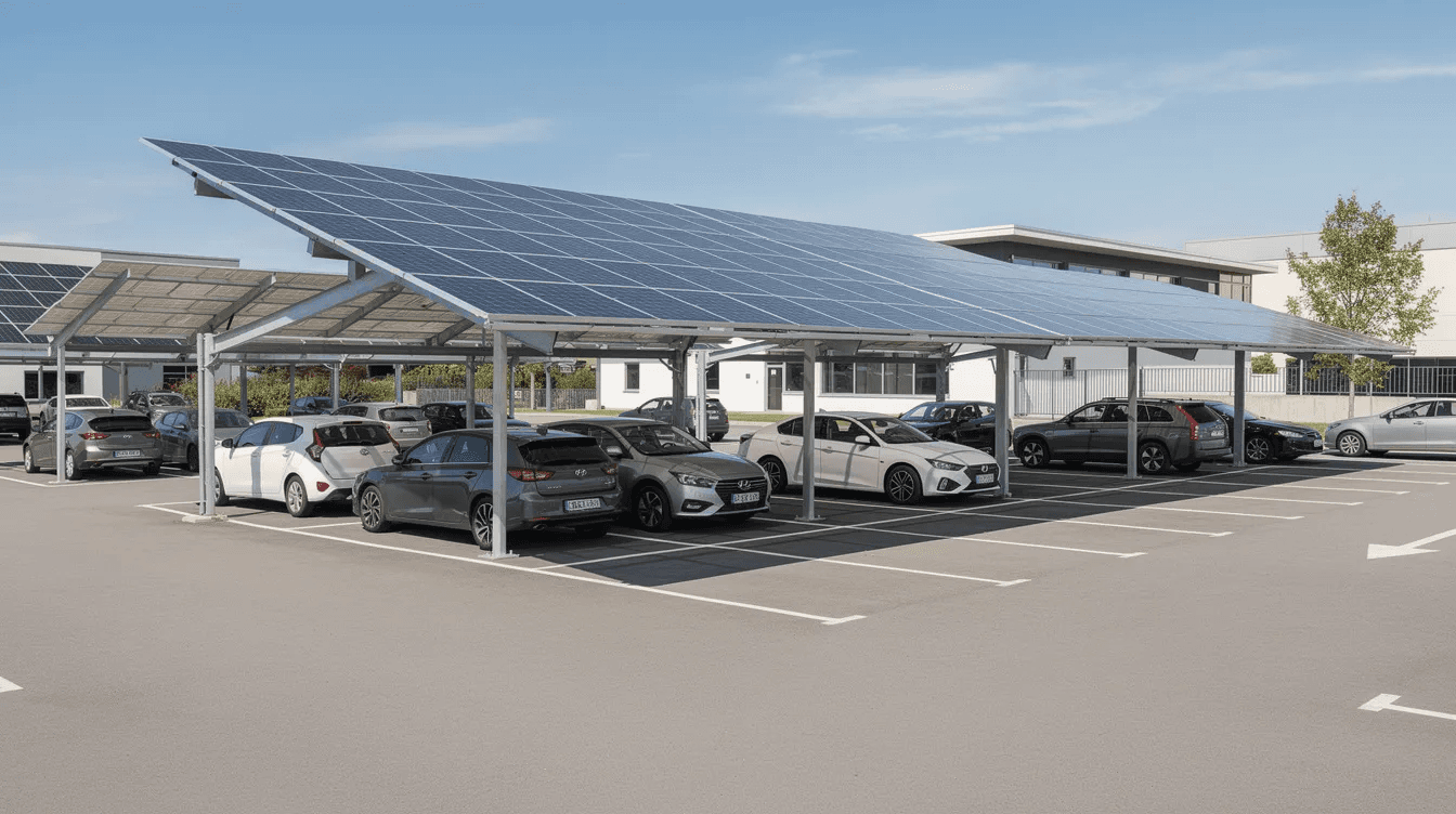 Un parking équipé d'ombrières solaires abrite des véhicules stationnés en dessous, tandis que des panneaux photovoltaïques captent l'énergie solaire pour produire de l'électricité. Cette installation illustre une solution innovante en matière d'énergies renouvelables et de transition écologique.