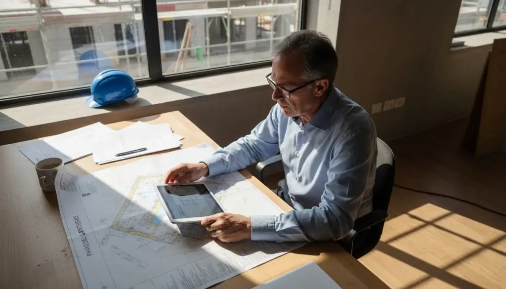 Il responsabile dei lavori edili esamina la piantina e controlla le informazioni sul tablet.