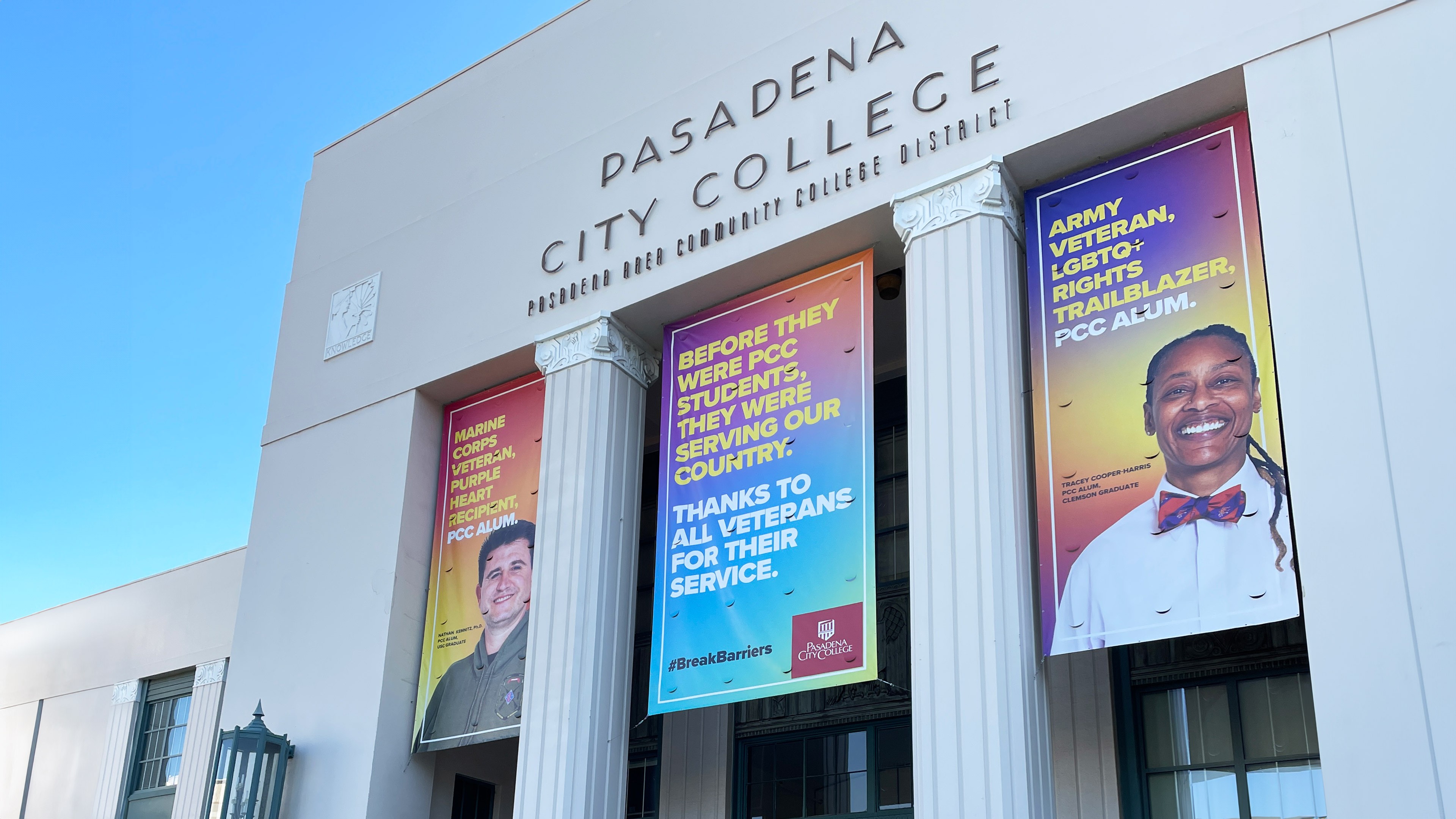 On campus building banners for Break Barriers campaign