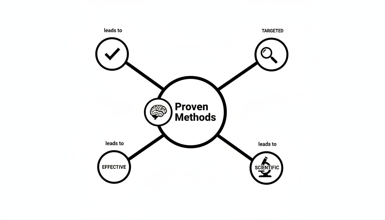Diagram illustrating proven methods leading to targeted, scientific, effective, and verified results.