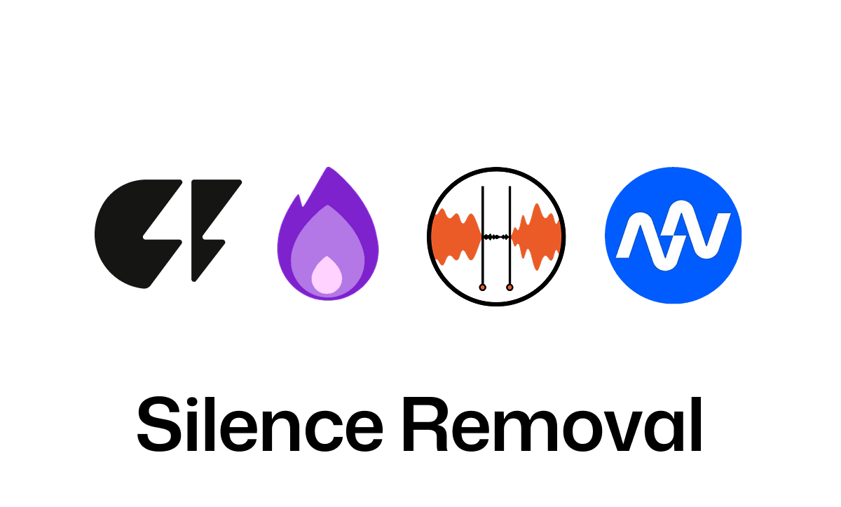 Cutback, firecut, autocut, and autopod icons representing video editing tools above the text “Silence Removal,” illustrating automated removal of silence in video editing.