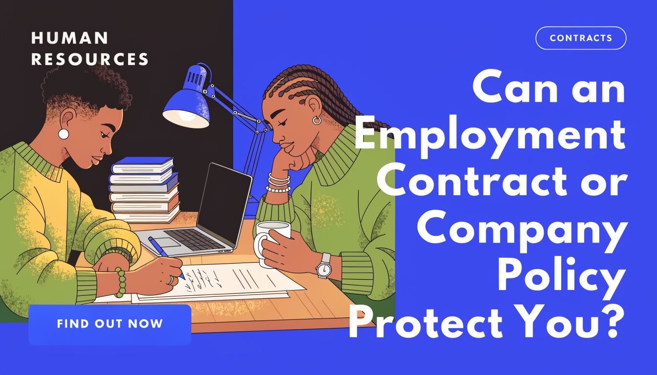 Two people working at a desk with a laptop and documents about employment contracts and company policies.