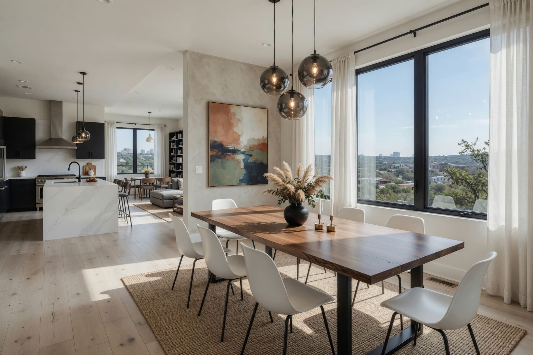 Dining room with wood table and floor-to-ceiling windows