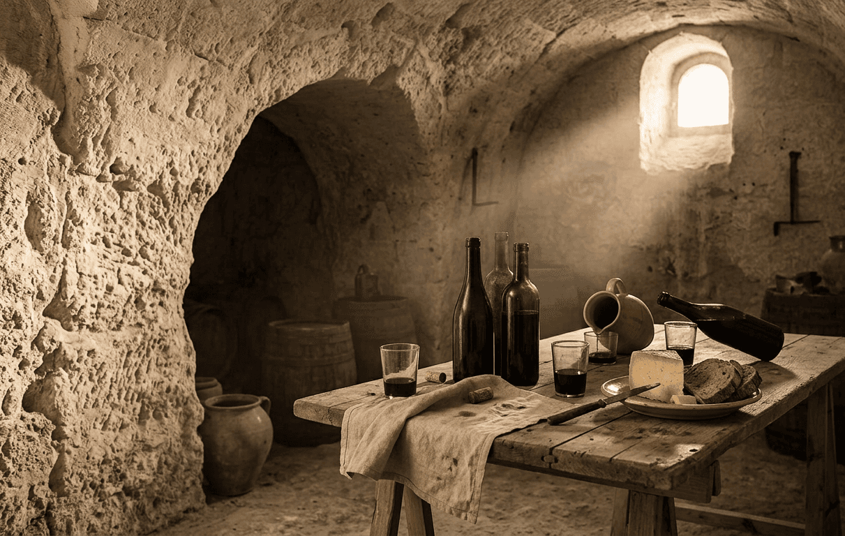 Wine bottles, glasses, bread and cheese on a rough trestle table in a tufa cellar, with barrels behind