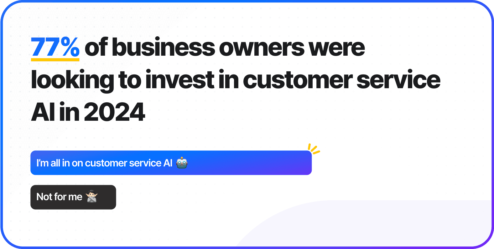 Statistic: 77% of business owners planned to invest in customer service AI in 2024, shown with 'I'm all in' and 'Not for me' response buttons.