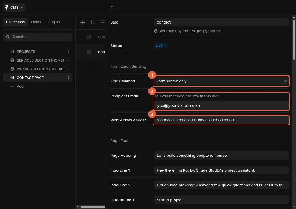 CMS > CONTACT PAGE > contact. 1 Email Method, 2 Recipient Email, 3 Web3Forms Access Key.