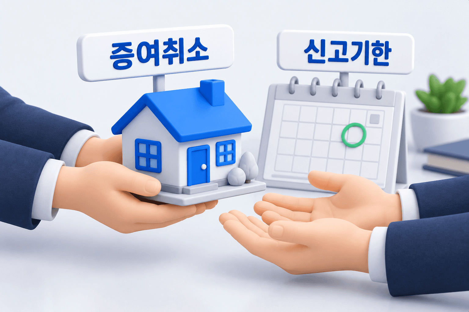 집 모형을 주고받는 두 손과 날짜에 동그라미가 쳐진 달력