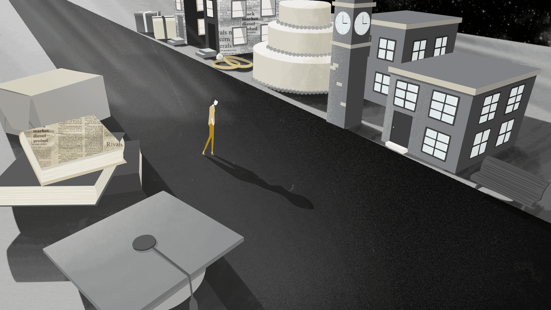 Illustration of lone woman walking in street of memories