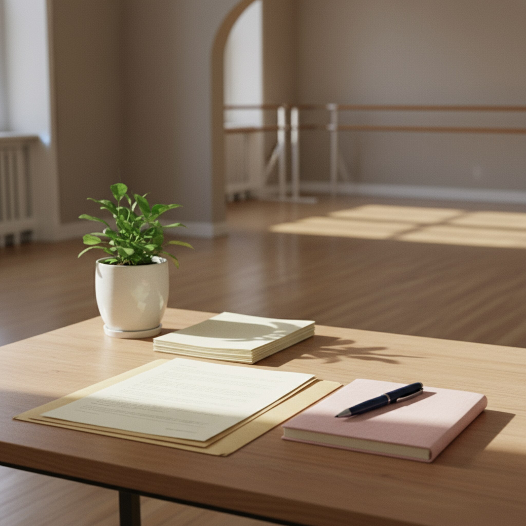 Im kleinen Büro des Studios stapeln sich wenige, ordentlich sortierte Unterlagen auf einem hellen Tisch. Sanftes Licht fällt auf eine Keramikpflanze und einen Stift. Die Szene wirkt ruhig und strukturiert, als ob die Verwaltung leicht von der Hand geht.