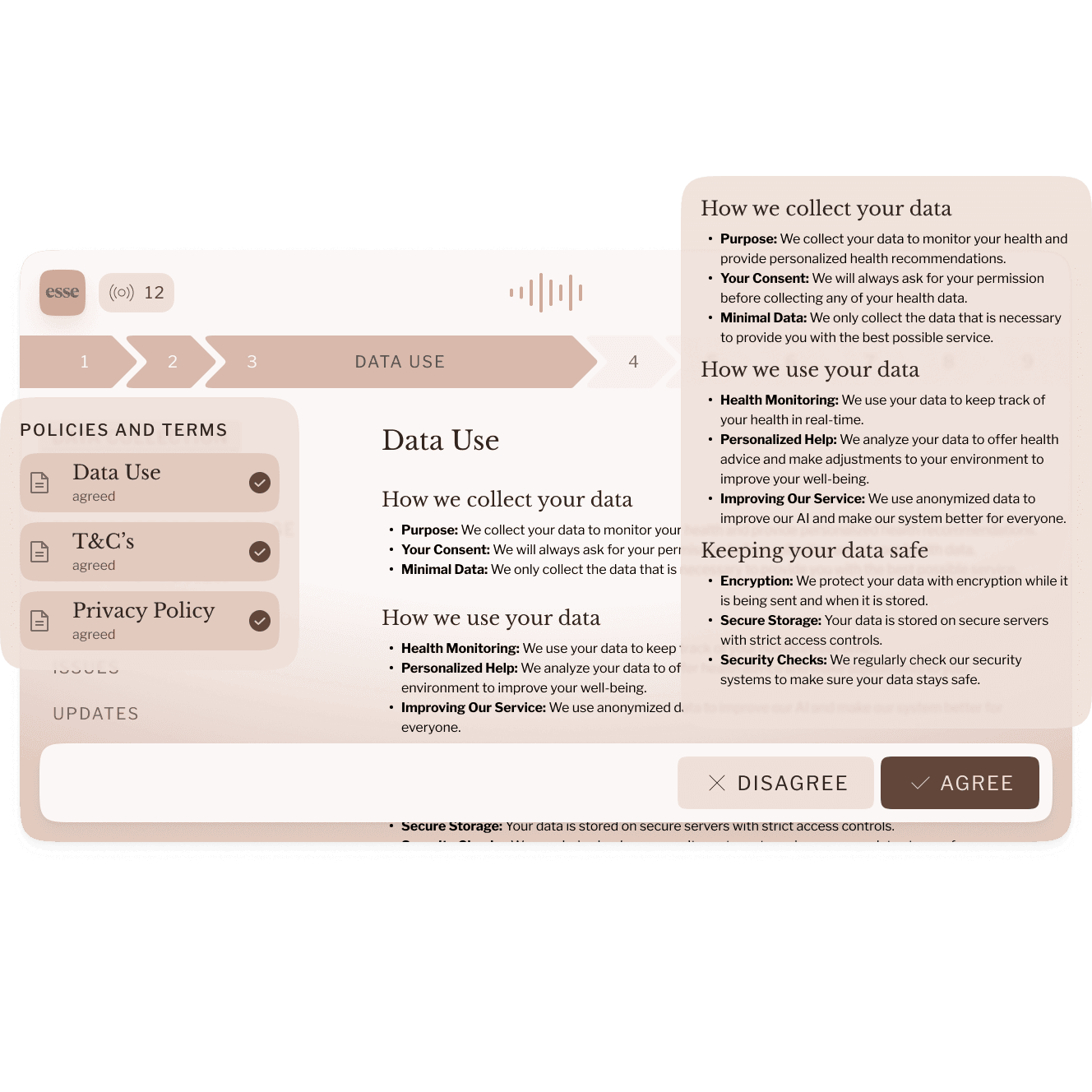 Annotated interface of a teleconsultation app highlighting flaws such as overly prominent search functions, confusing information hierarchy, and the redundancy of some tabs and features.