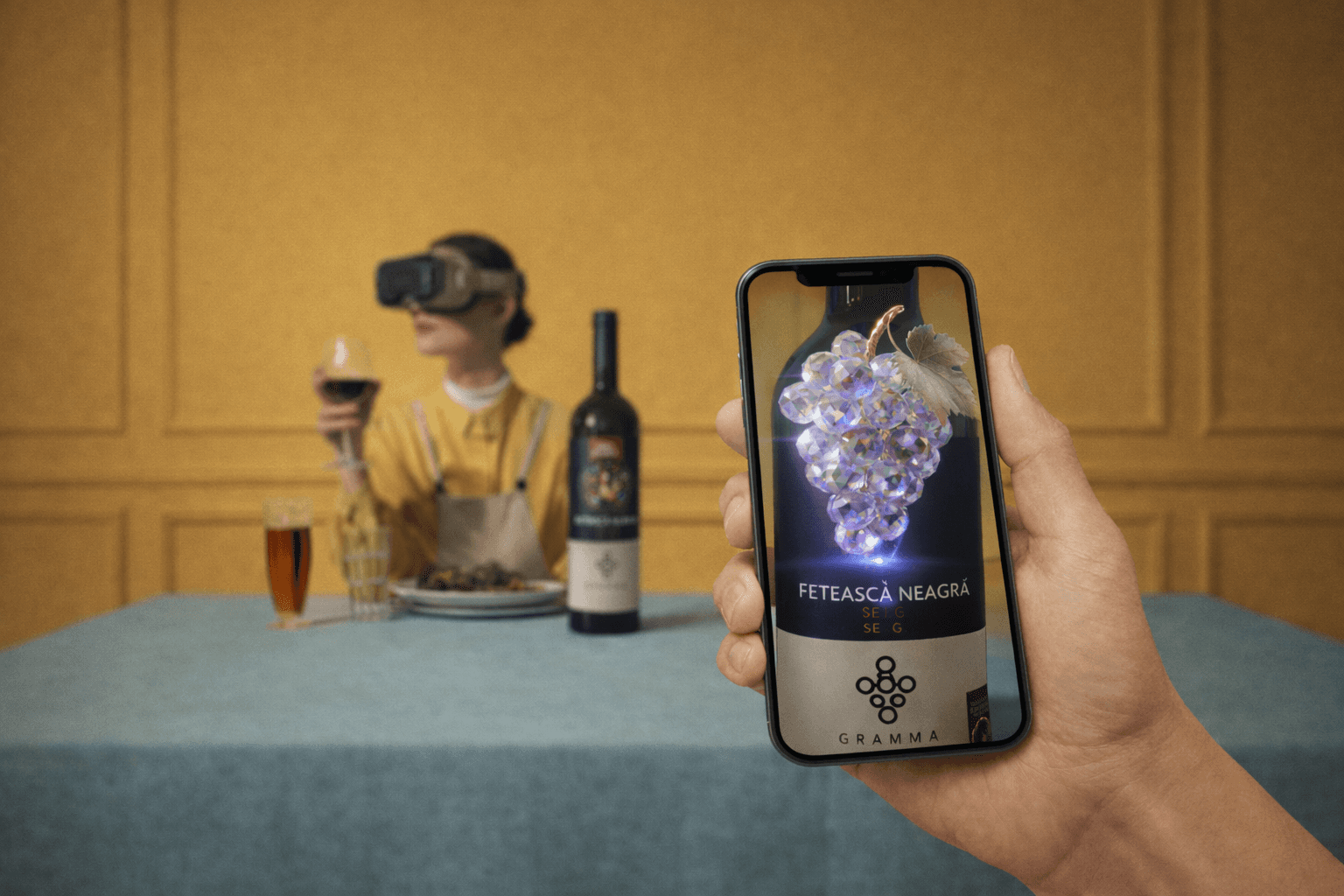 Animație 3D afișată peste sticlă de vin în activarea AR PENNY