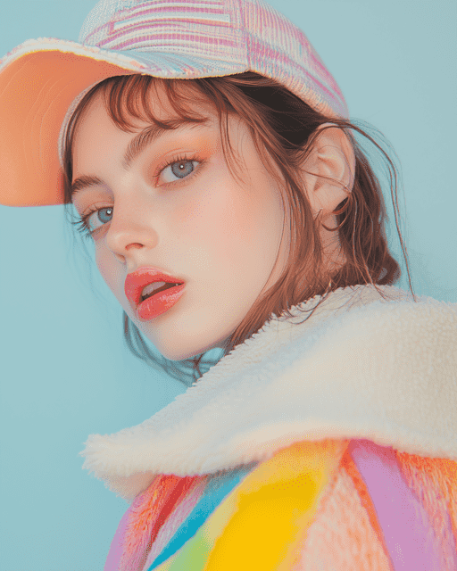 Trendy Young Woman in Pastel and Rainbow