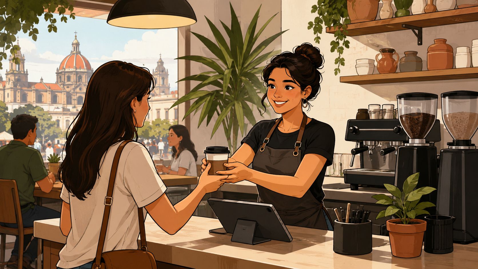Una barista sonriente entrega una taza de café a una cliente en una cafetería con vista urbana.