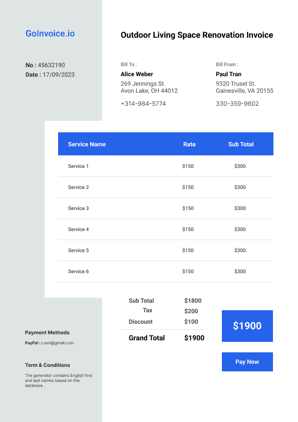 Outdoor Living Space Renovation Invoice