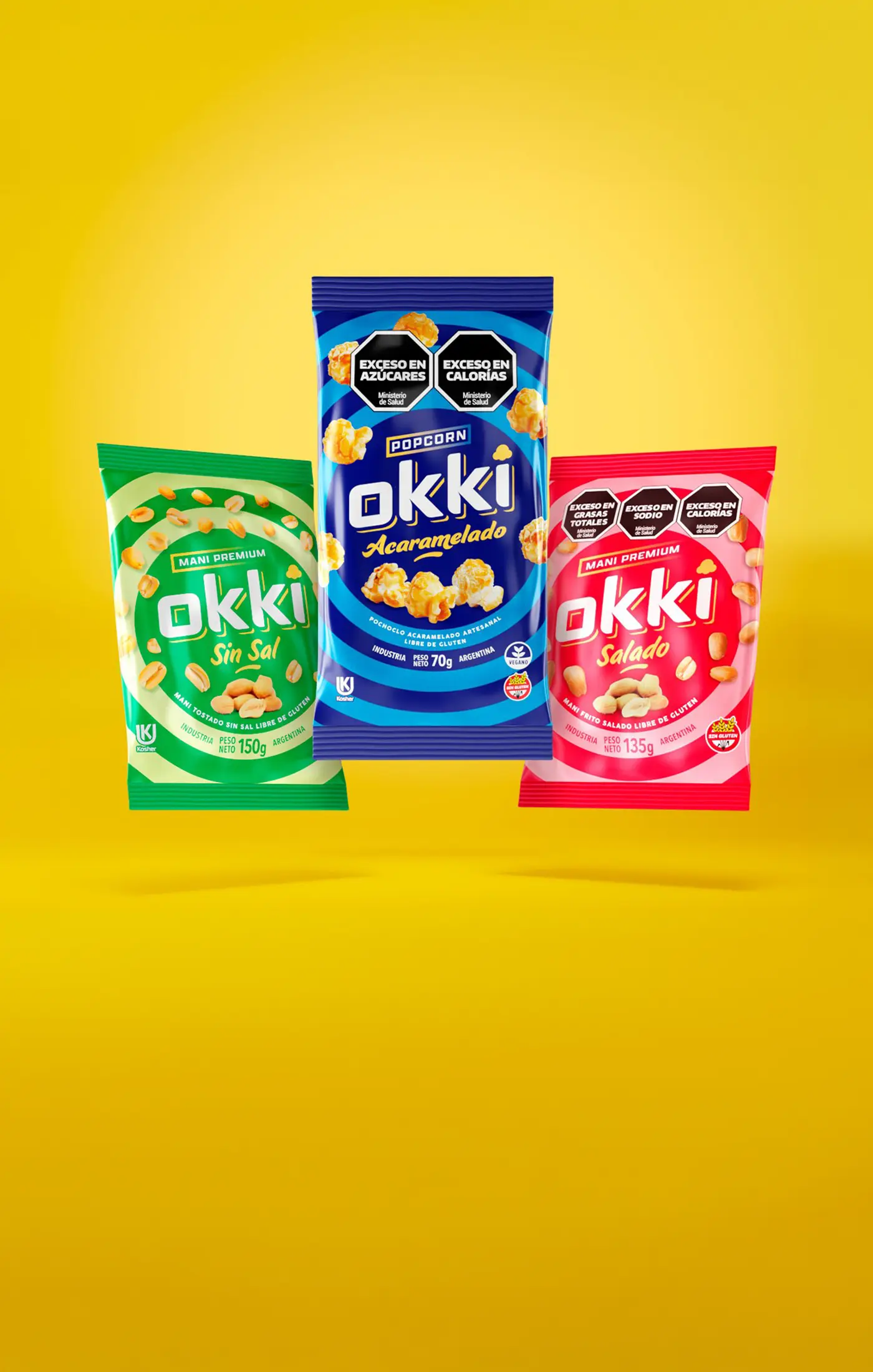 Three colorful bags of snacks arranged in front of a bright yellow background.