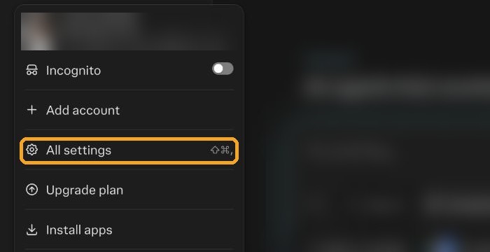 Perplexity account menu with All settings highlighted
