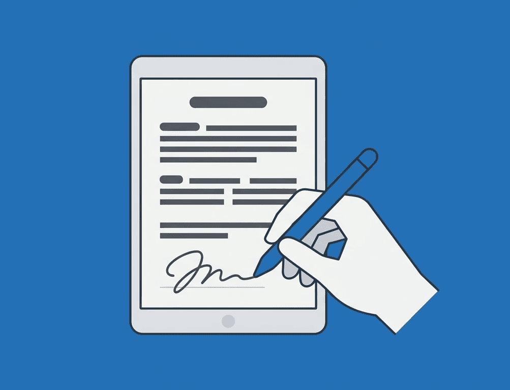 Ilustração de uma mão usando uma caneta digital para assinar um contrato exibido na tela de um tablet, sobre fundo azul