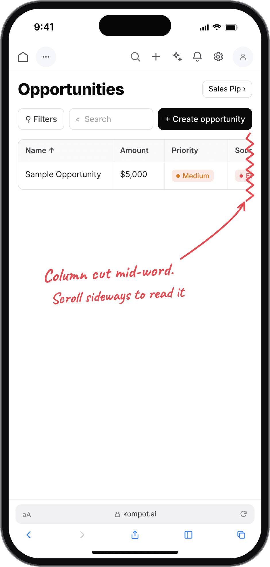 Mobile opportunities page before the redesign, annotated: the desktop table is cut mid-word at the right edge