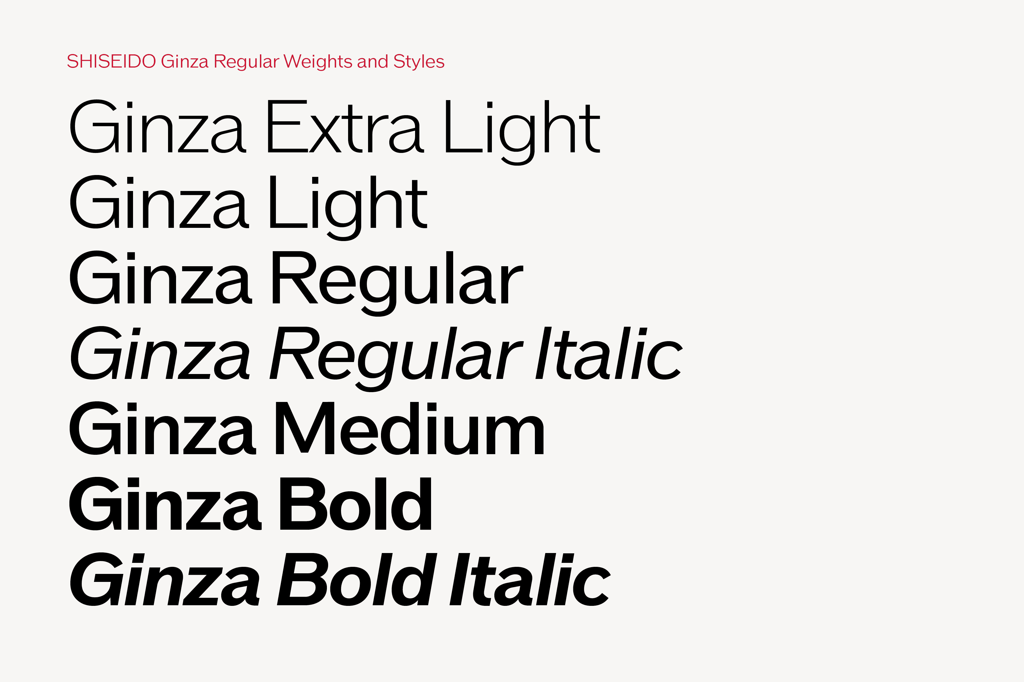 Text list of Shiseido Ginza typefaces: Extra Light, Light, Regular, Italic, Medium, Bold, and Bold Italic.