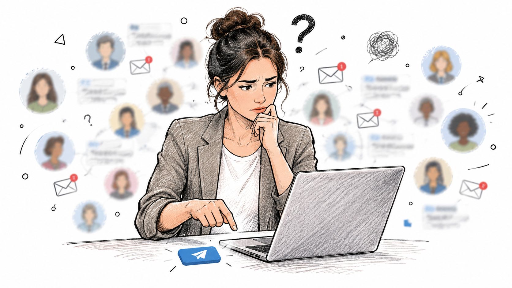 A concerned woman sits at her laptop surrounded by digital social network icons and message notifications.