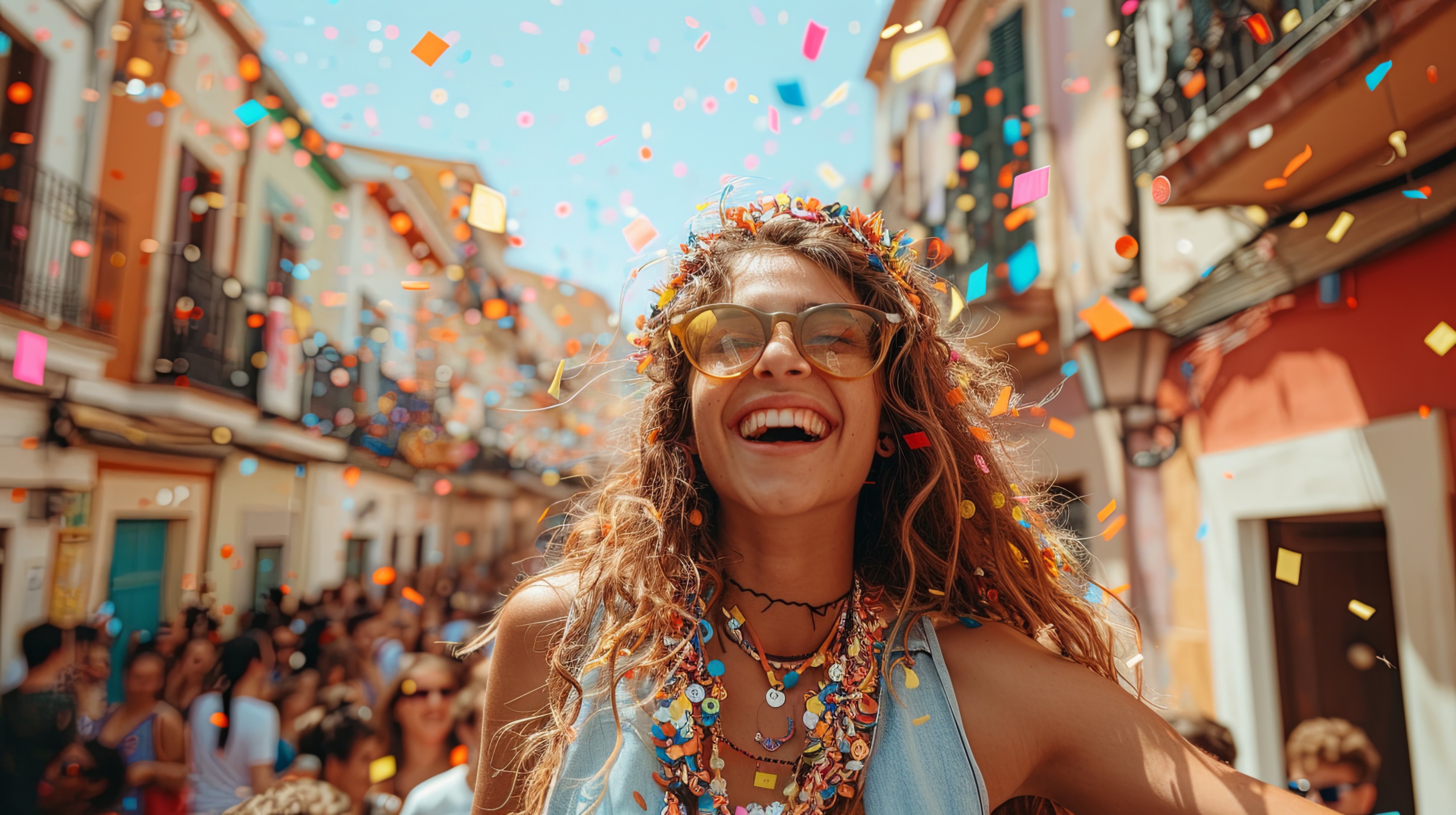 Een vrolijke vrouw met een zonnebril en kleurrijke accessoires glimlacht tijdens een feestelijke straatviering, omgeven door confetti, wat de emotionele aantrekkingskracht van culturele verbondenheid symboliseert.