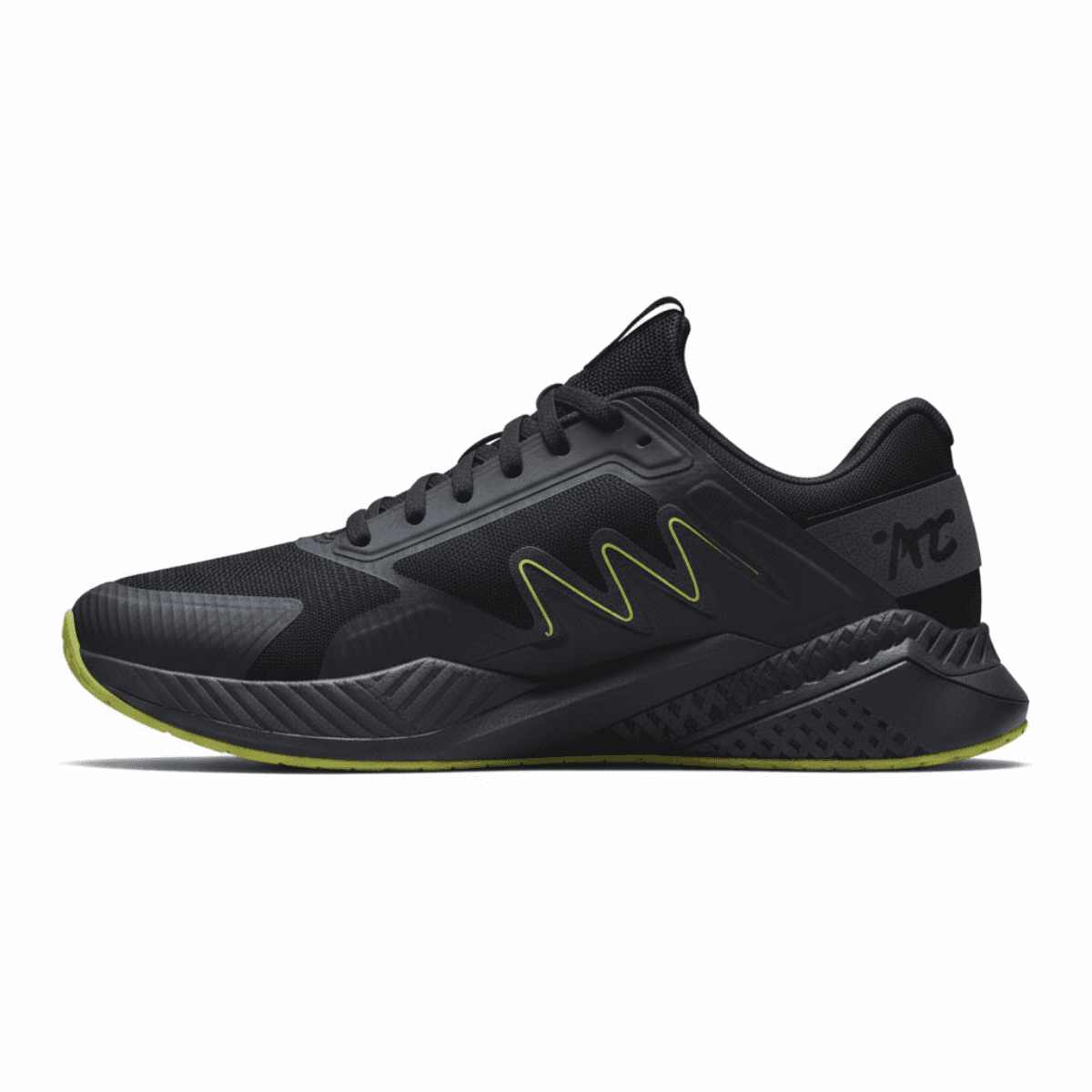 Black Corbell Motion XT men's sneaker with neon green accents and textured sole.
