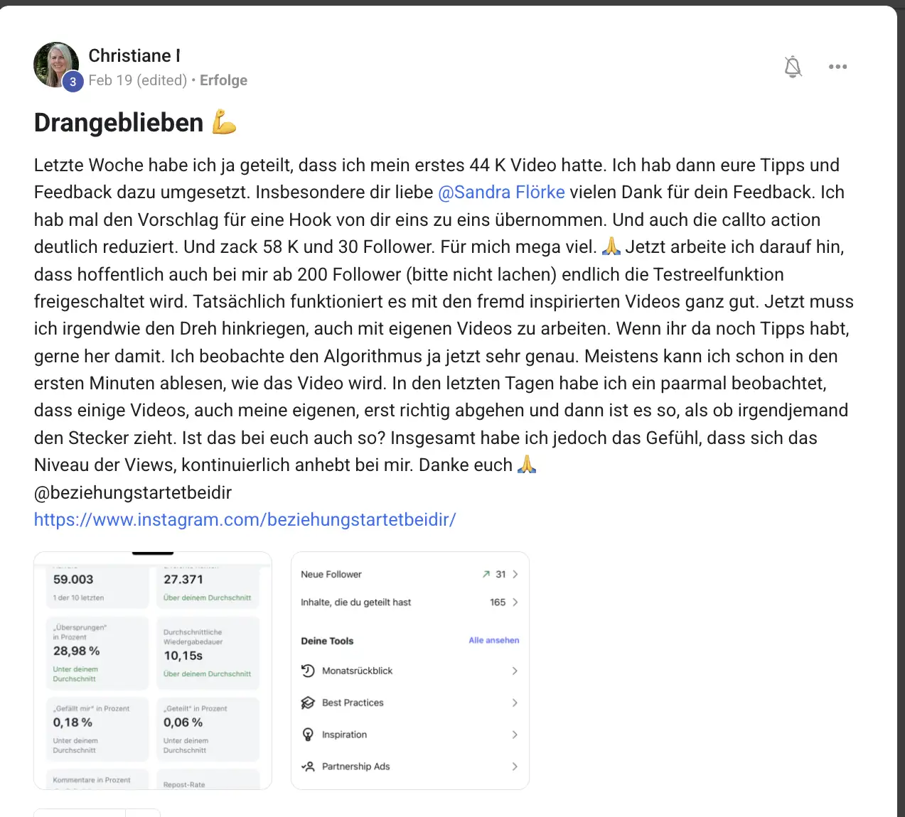Mitglied der KI Creator Akademie: Paarcoach Christiane mit Instagram-Video über 59.000 Aufrufe