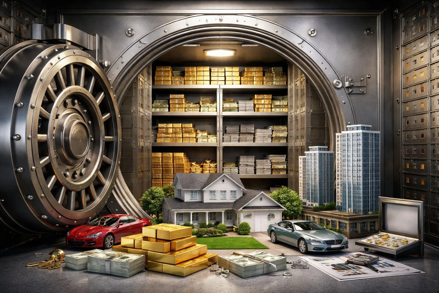 Secure vault containing different types of assets, symbolizing maximized benefits achieved by following the rules.