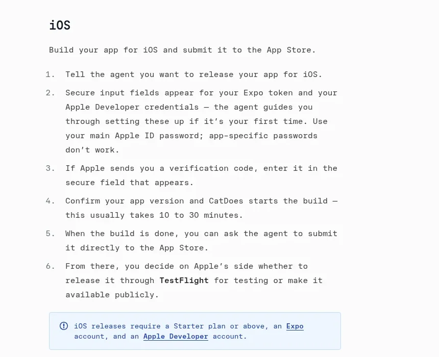 CatDoes documentation showing the iOS deployment steps, from secure credential fields to App Store submission