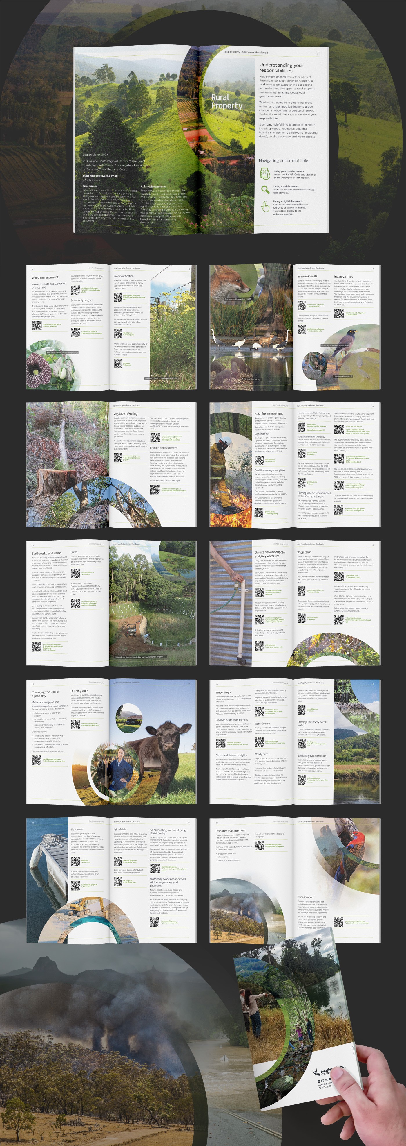 Graphic design portfolio feature showing the multi-page layout of the Sunshine Coast Council Rural Property Landowner Handbook, showcasing clean editorial typography, grid systems, informative QR codes, and custom nature photography.