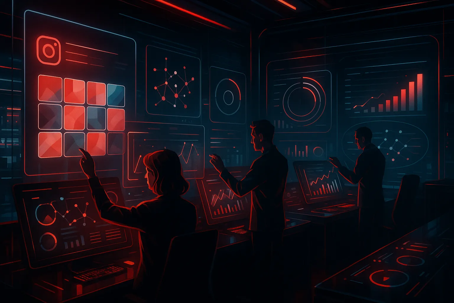 RockN' Socials team analyzing data on screens; a Digital Marketing Agency.