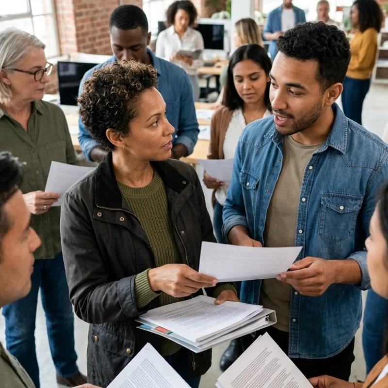 Équipe de managers et collaborateurs en réunion d'échange, analysant des documents de synthèse et partageant des orientations claires, illustrant notre expertise en Stratégie de comm 360° pour assurer une parole managériale cohérente à tous les niveaux.