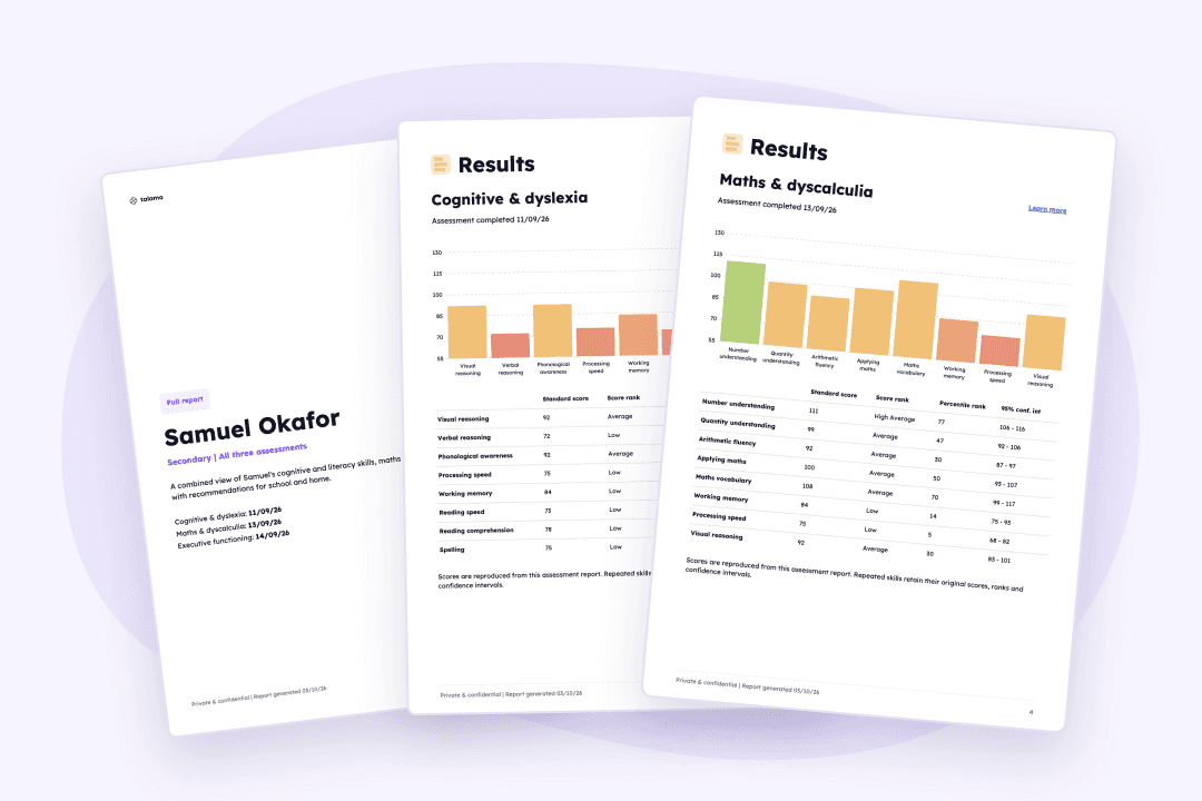 Pages from Talamo’s sample full report for Samuel Okafor, a fictional secondary pupil: the cover and his Cognitive & Dyslexia and Maths & Dyscalculia results.