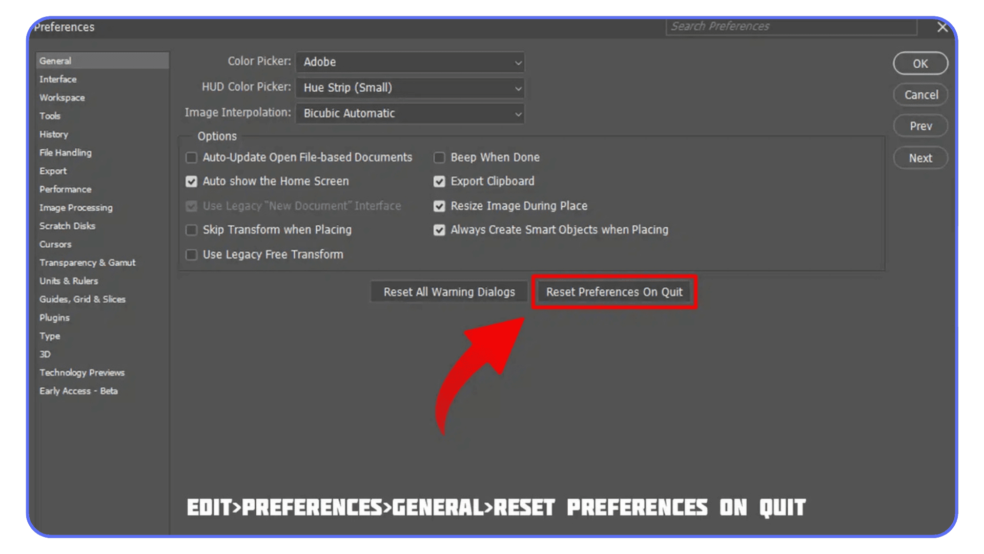 Photoshop General Preferences panel with the “Reset Preferences On Quit” button highlighted by a red arrow.