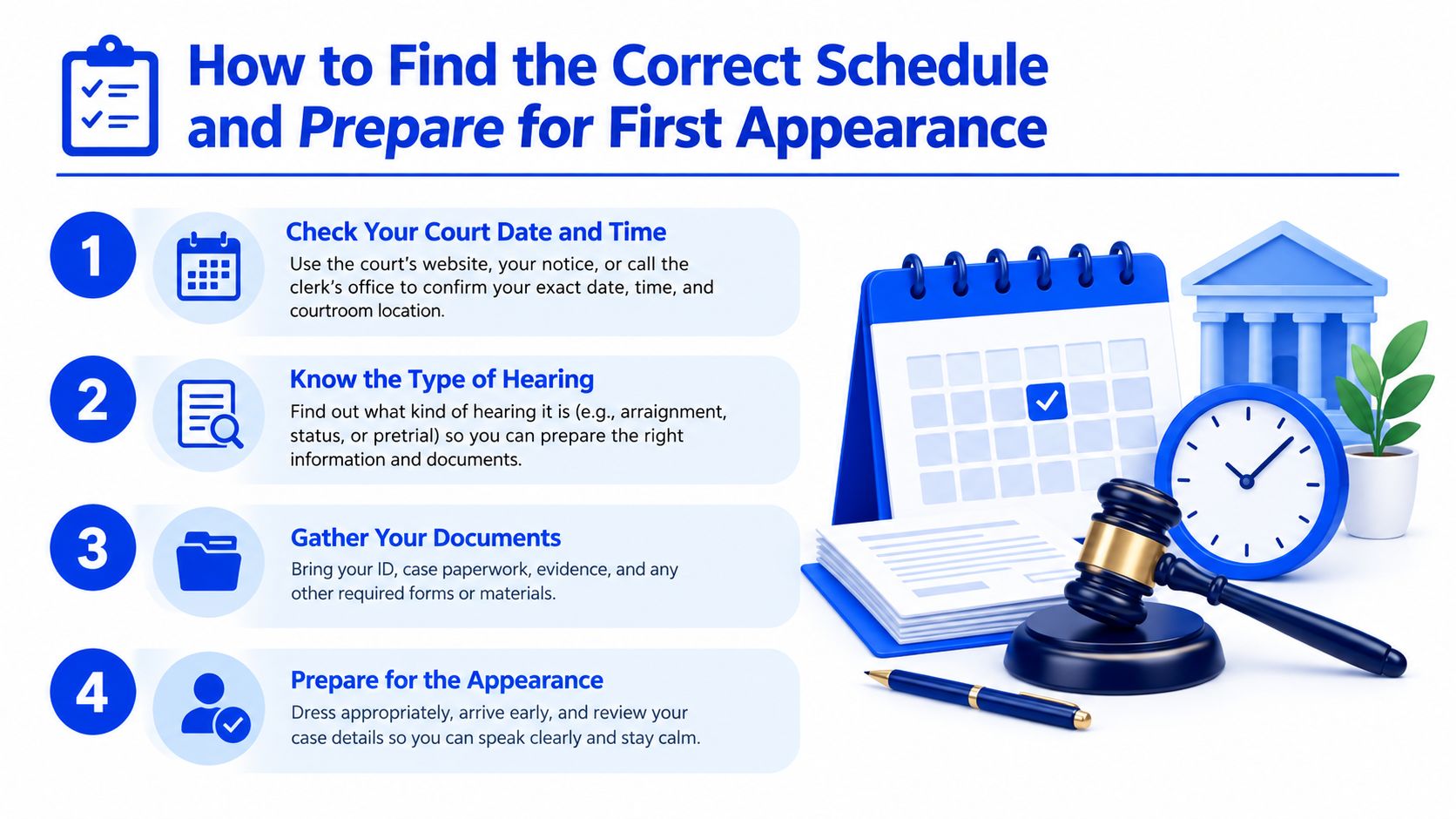 An infographic titled How to Find the Correct Schedule and Prepare for First Appearance with four steps.