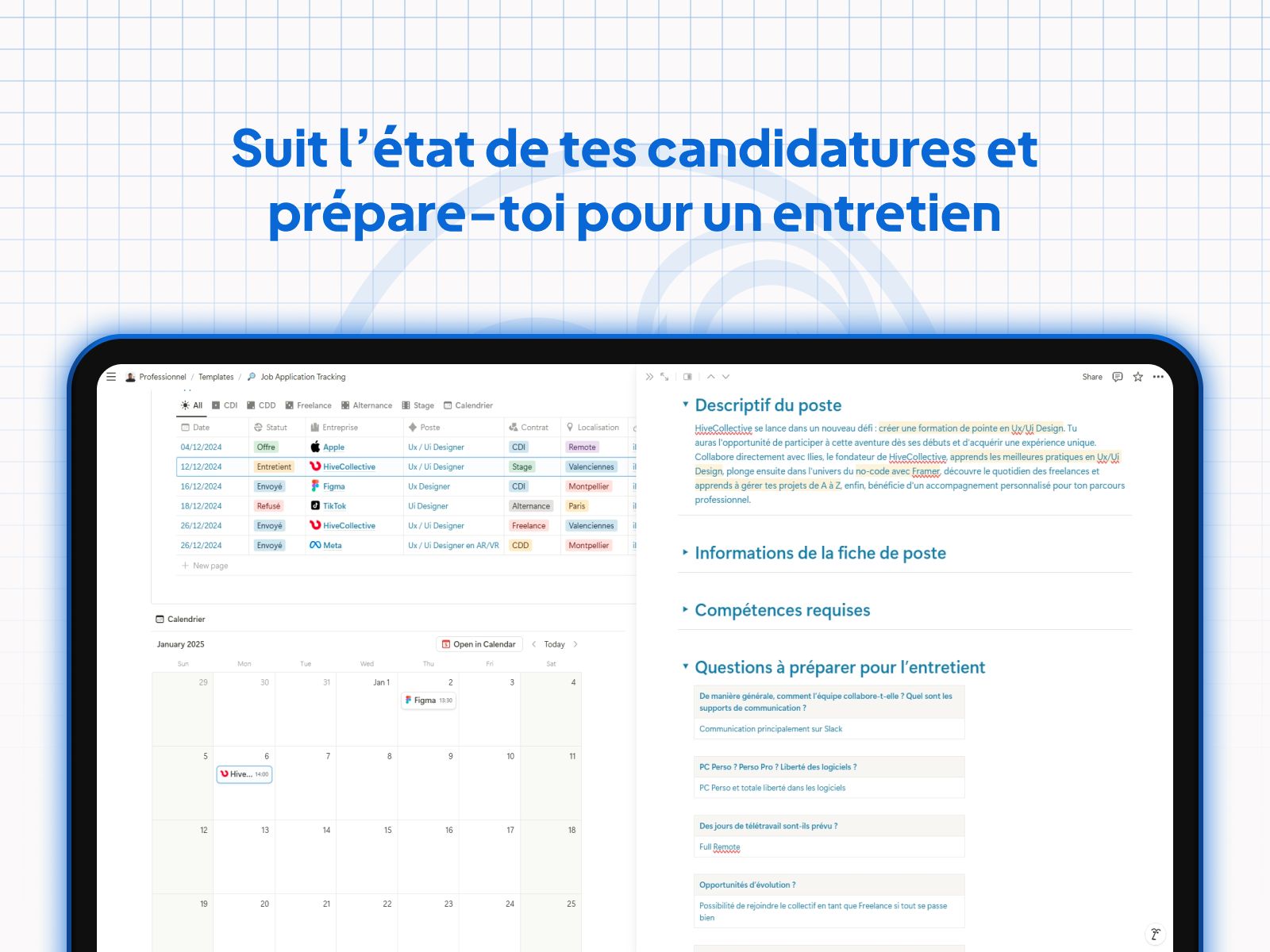 Présentation de la template Job Application Traking créée par Ilies MANATA freelance Ux / Ui Designer et Développeur Framer