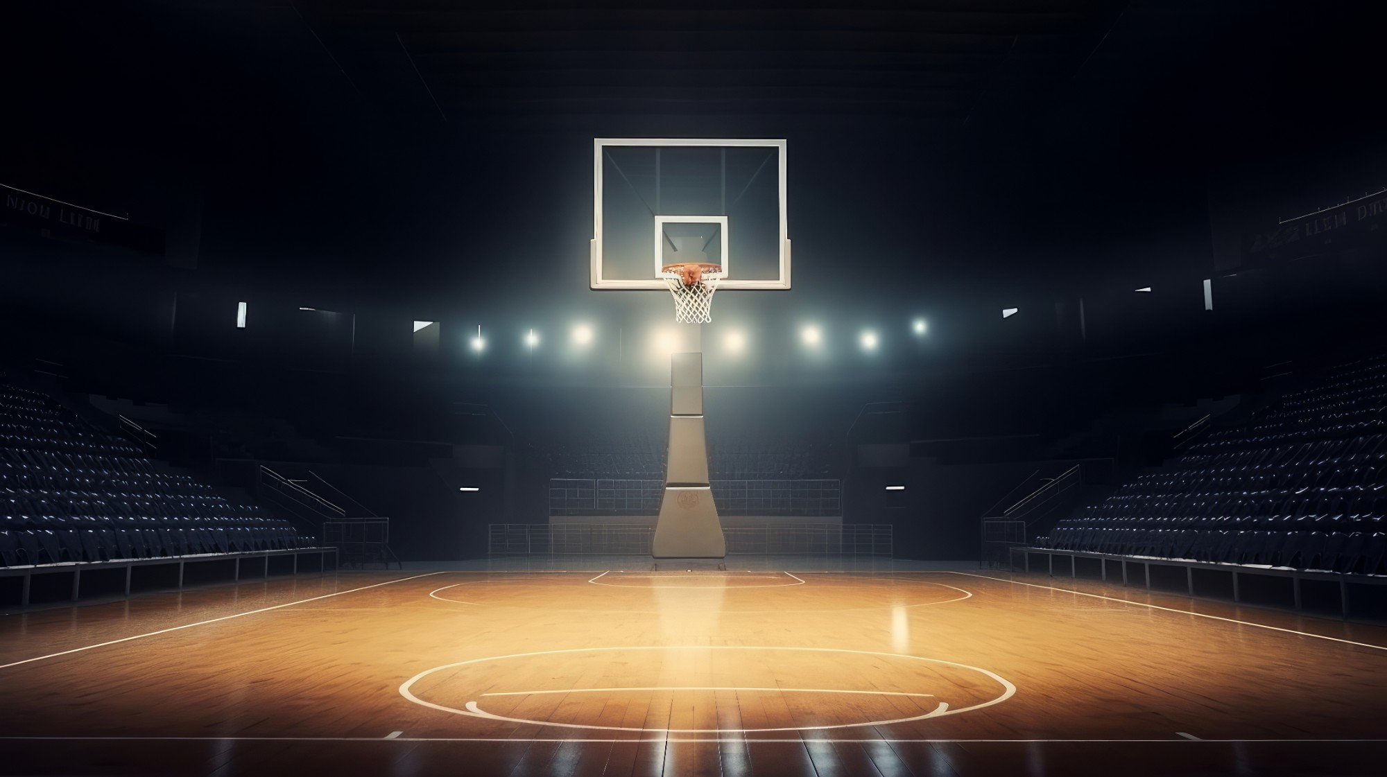 Empty basketball arena under floodlights