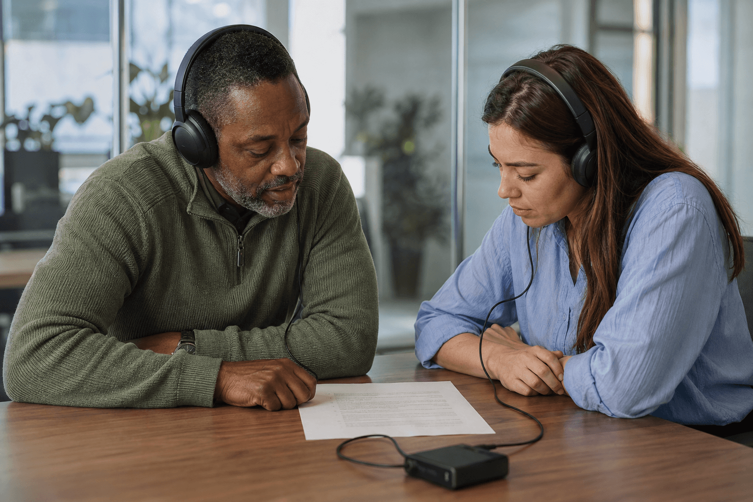 Two colleagues review a laptop together with a headset on the table.