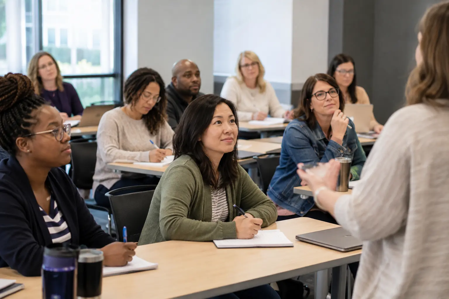 people sit attentively in a classroom listening to another woman lecturing them