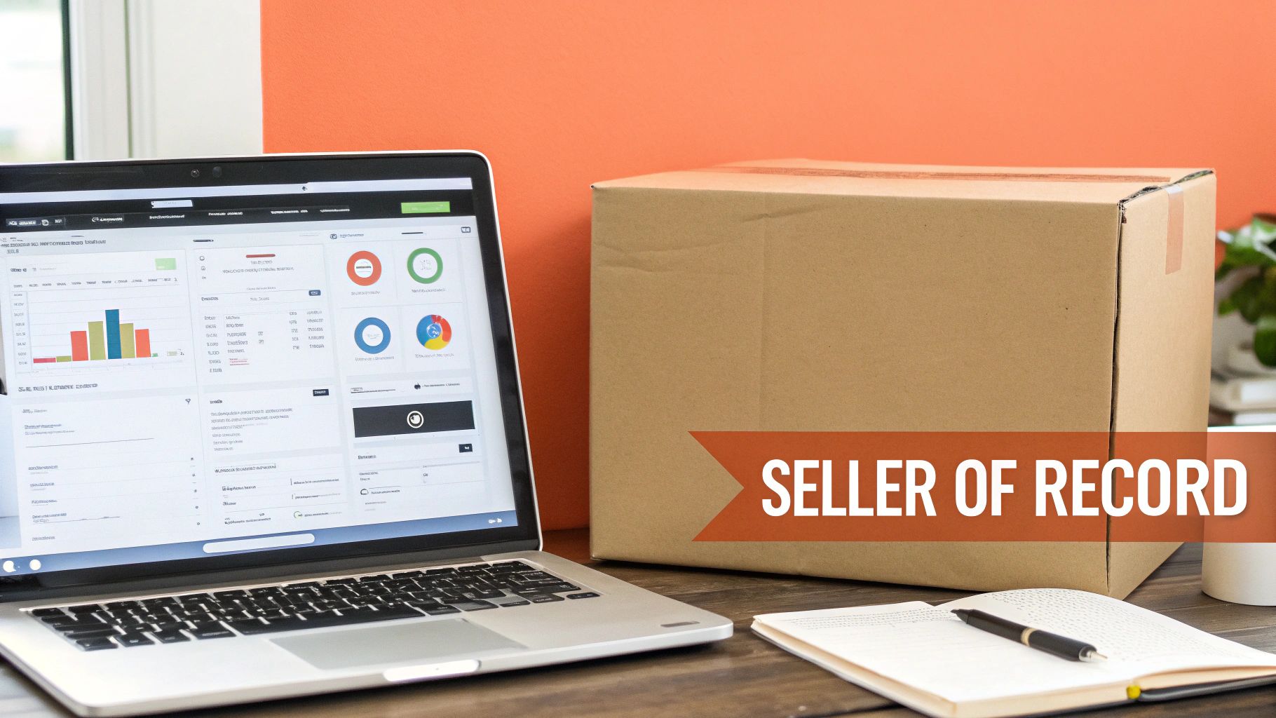 Laptop displaying business charts, a brown shipping box, and 'SELLER OF RECORD' text on a desk.