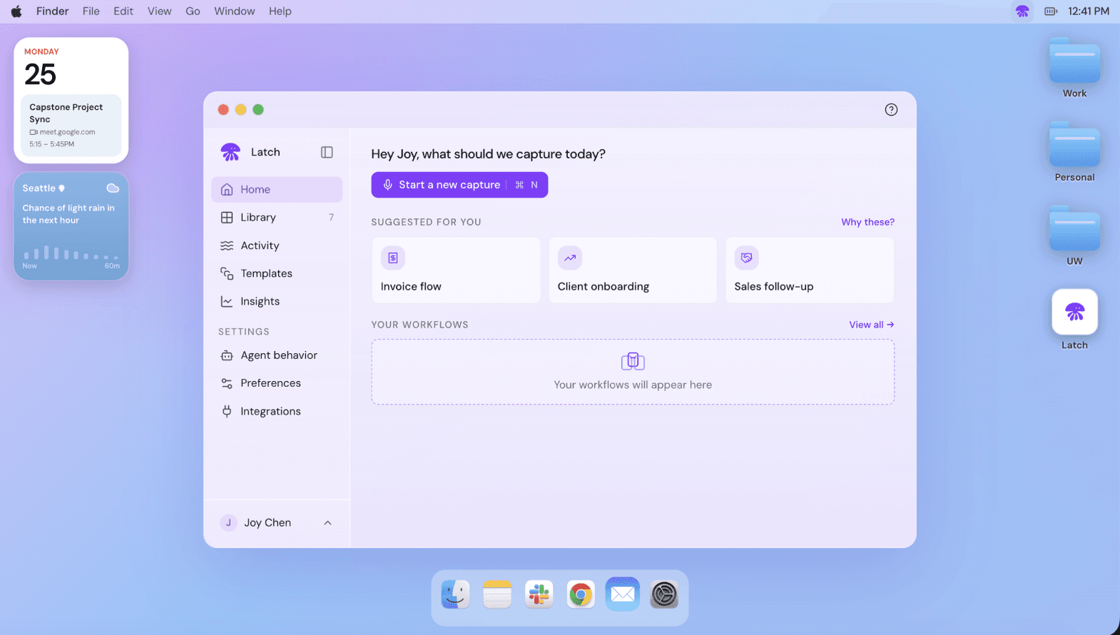 Mac desktop with the Latch home window