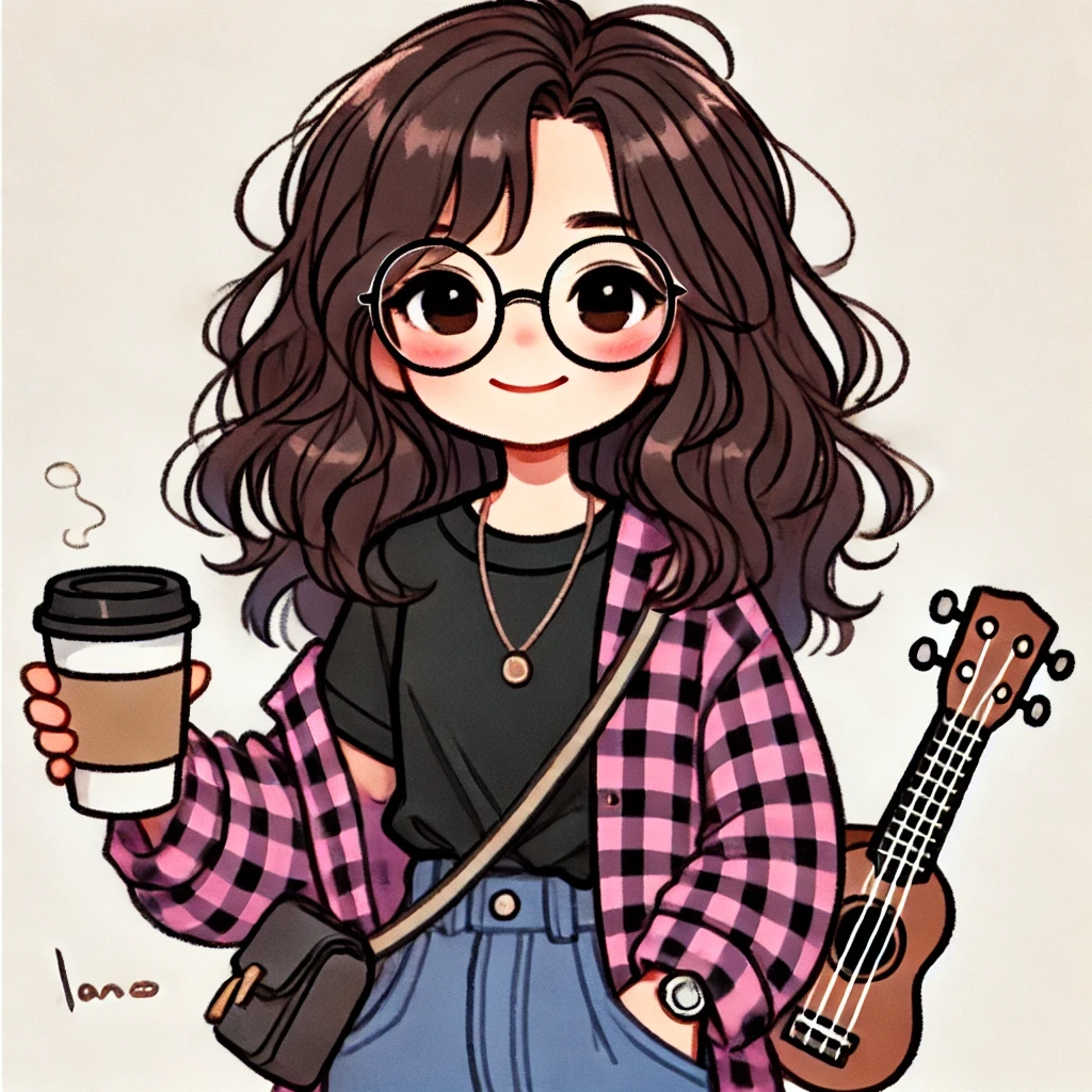 Illustration of Mrunmai holding coffee and a ukulele