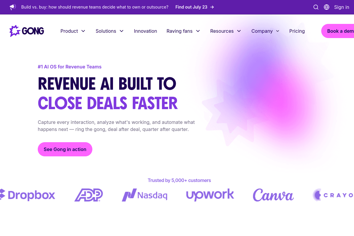 Gong homepage, enterprise revenue intelligence and conversation analytics platform