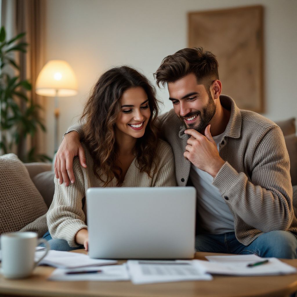 Happy engaged couple planning wedding budget