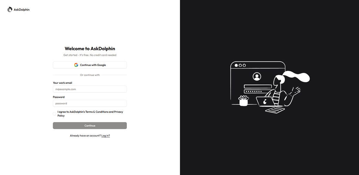 AskDolphin sign-up page showing email and password fields with an option to continue using Google.