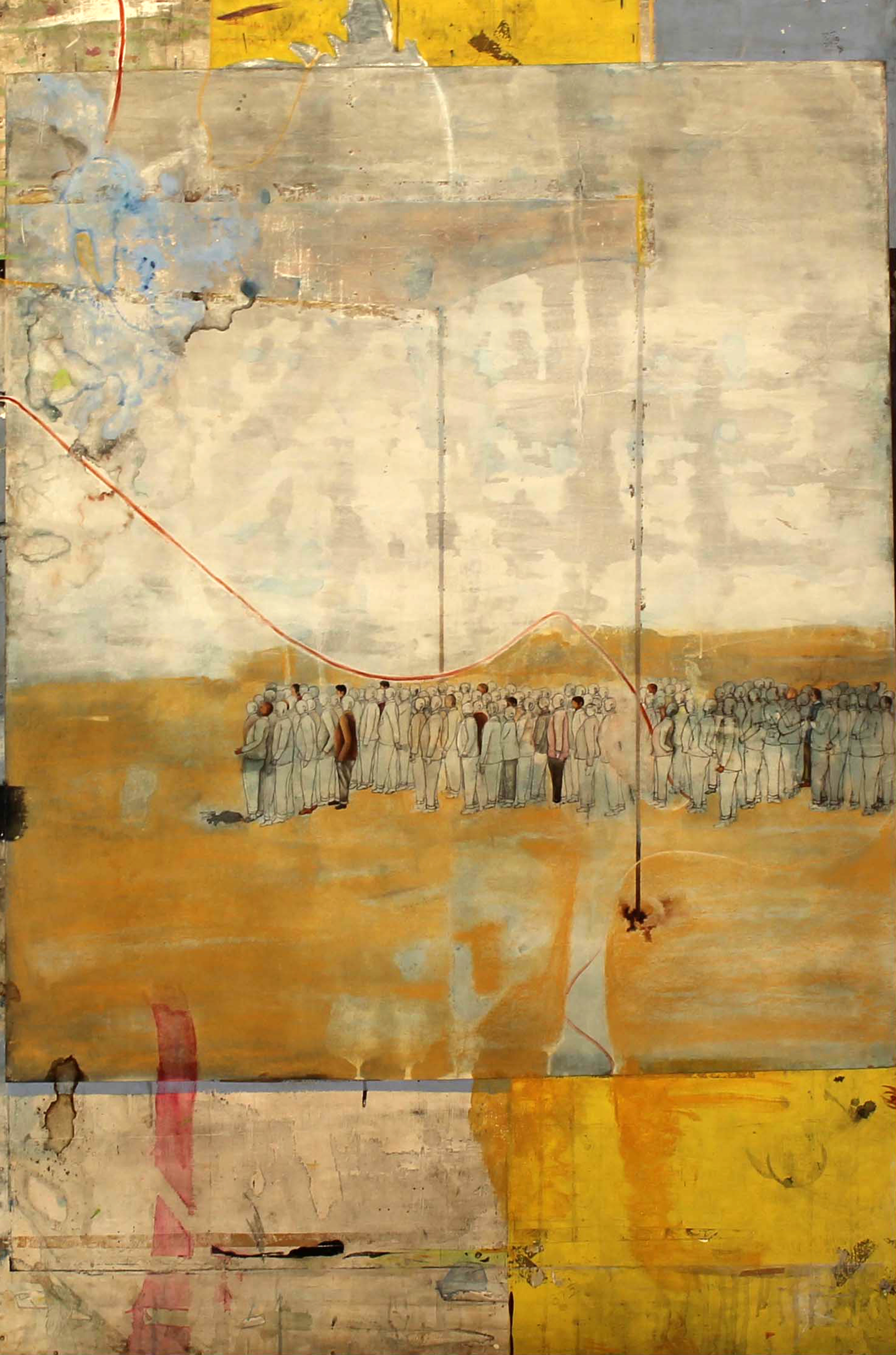 herd of sheep on road painting