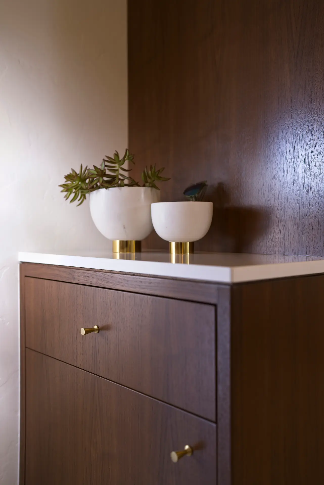 Portrait view of the custom cabinetry details in the primary bedroom, emphasizing storage and design in the Fairhaven Eichler Tract remodel. Photo by Todd Huge.