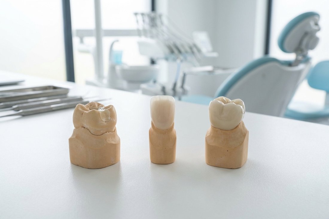 Three tooth models showing dental bonding, a veneer, and a full crown side by side