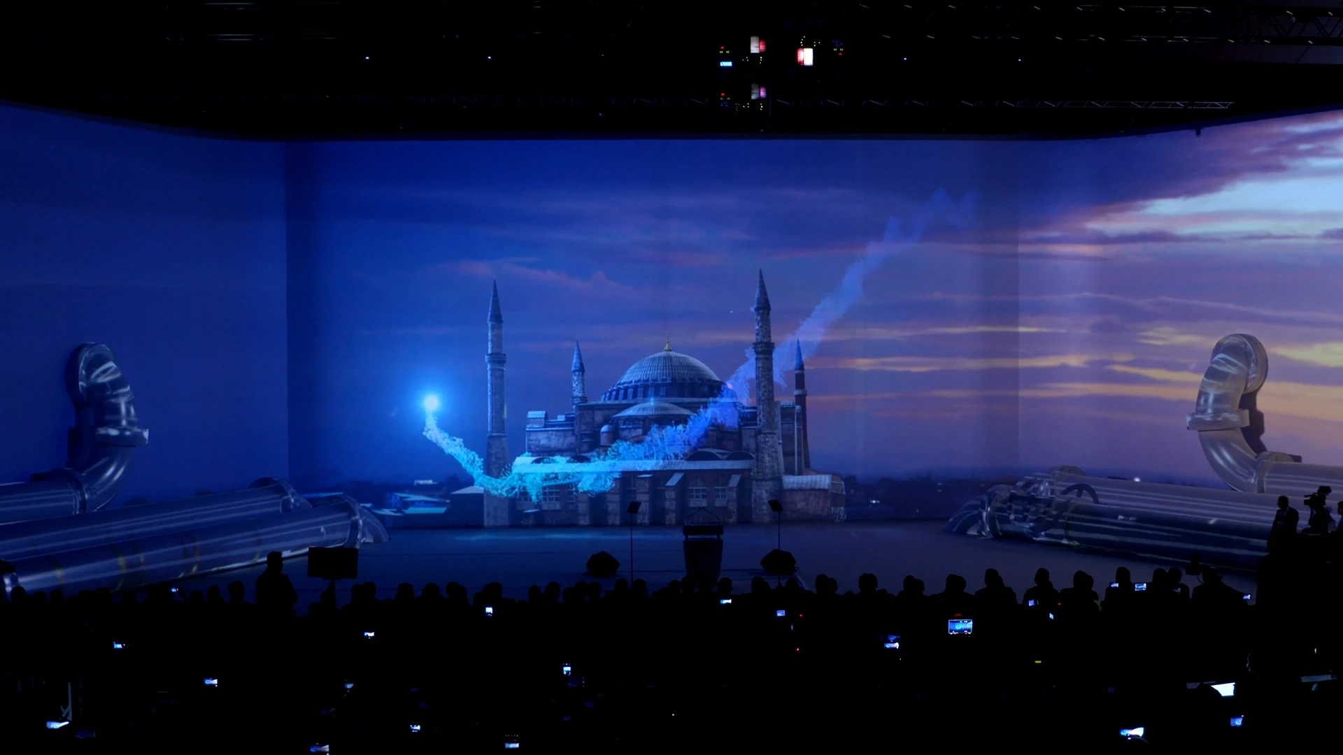 Stage reveal synchronized to a kinetic horizon of data